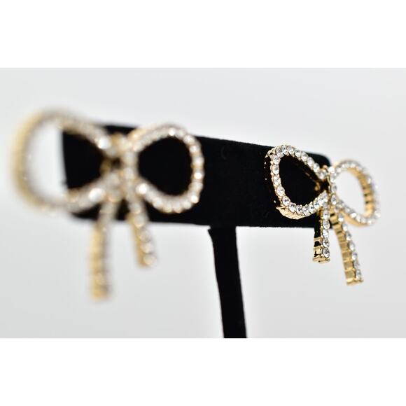 Vintage Crystal Bow Earrings Rhinestone Gold Tone Dangle Post Shiny NOS Y2K A22 - Picture 5 of 12